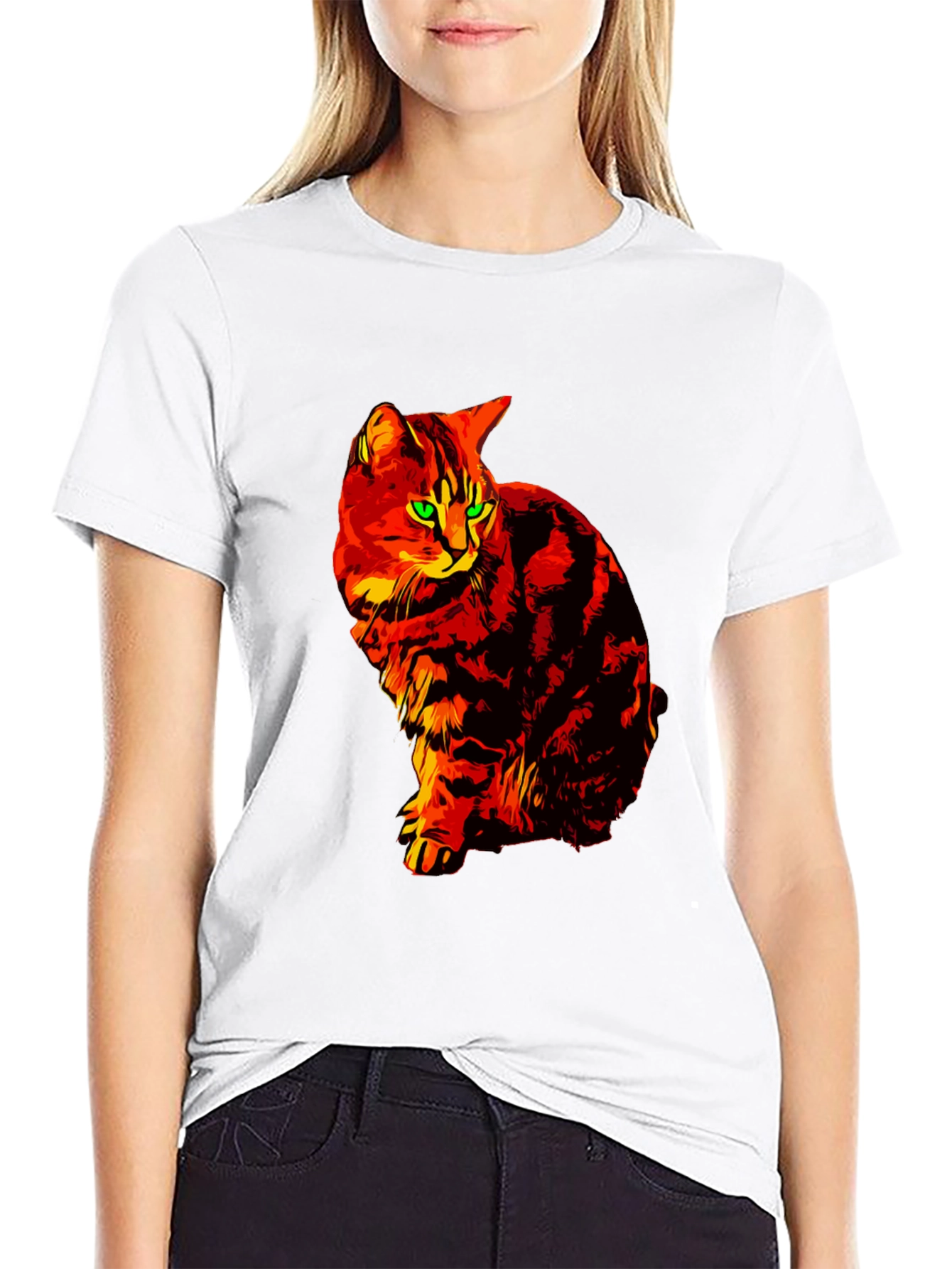 Fiery Cat Graphic Tee - Black Cotton T-Shirt