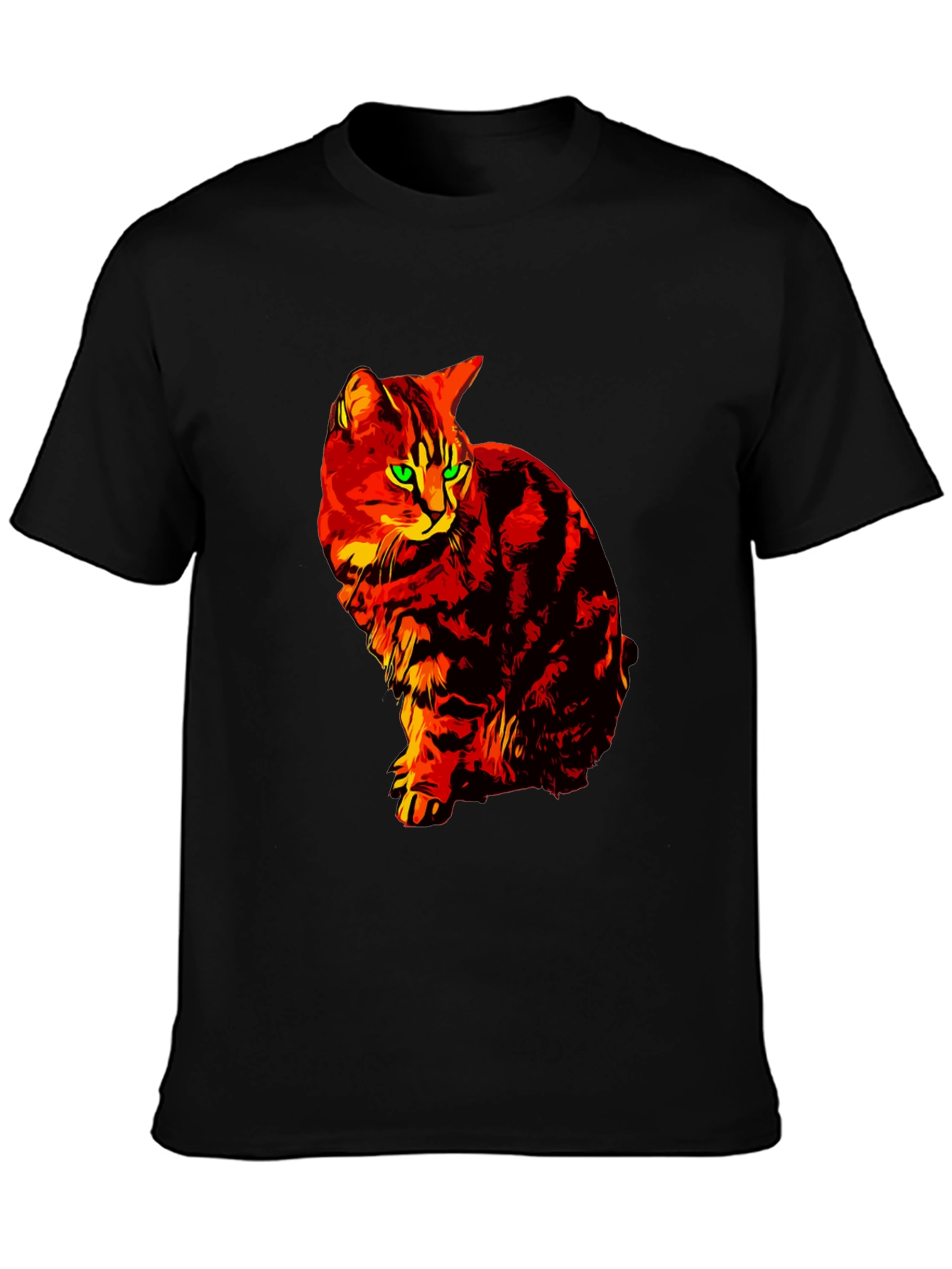 Fiery Cat Graphic Tee - Black Cotton T-Shirt