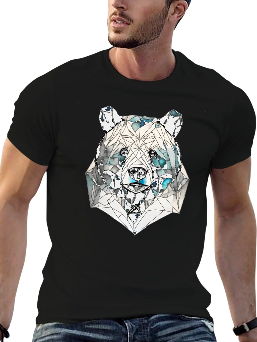 Geometric Bear Graphic Tee - Black