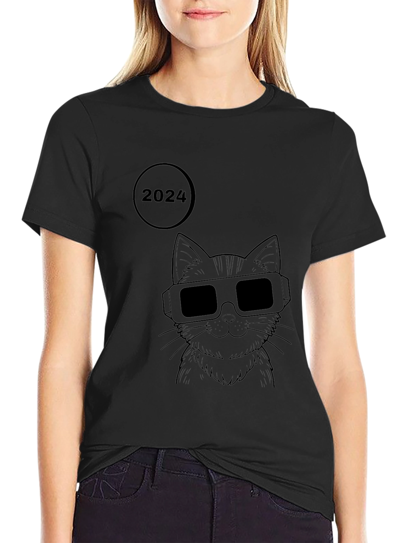 2024 Cat with Glasses Graphic T-Shirt