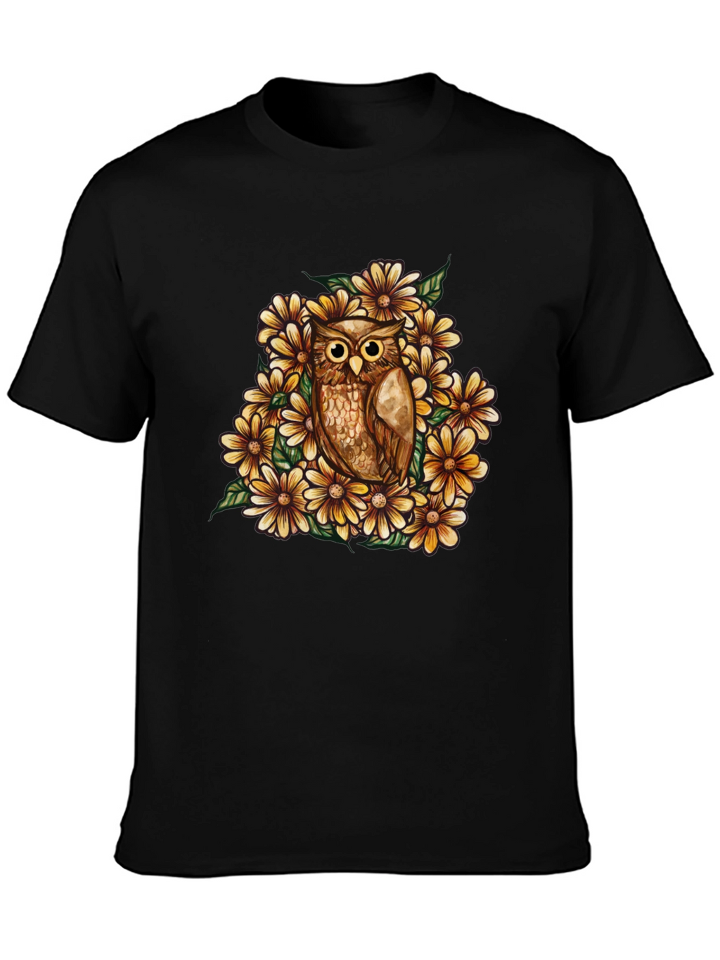 Owl & Floral Graphic Black T-Shirt