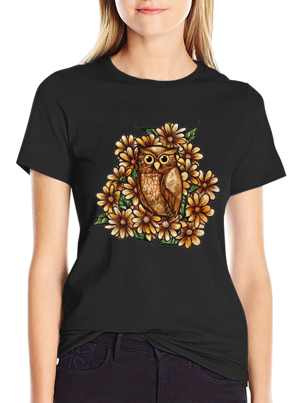 Owl & Floral Graphic Black T-Shirt