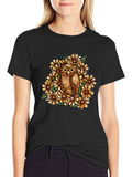 Owl & Floral Graphic Black T-Shirt