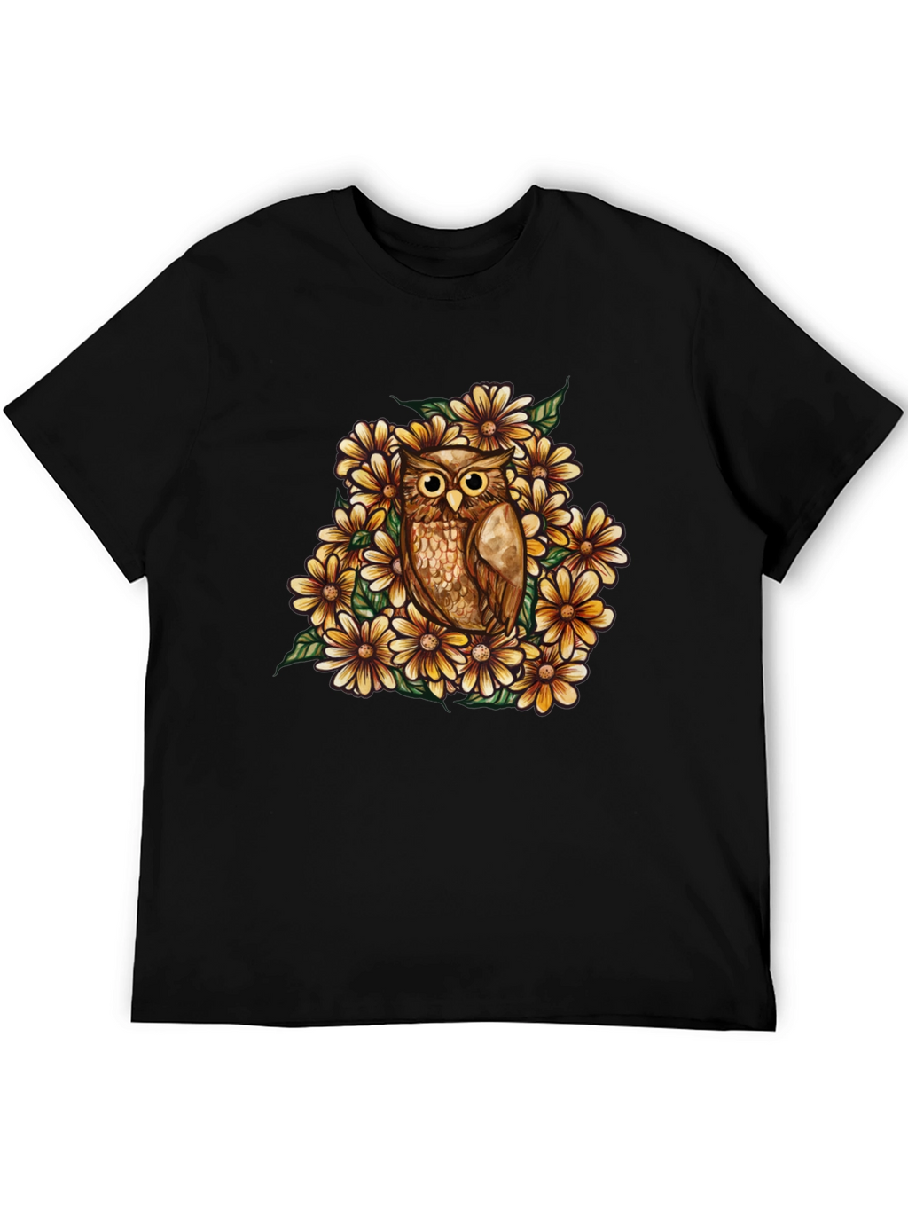 Owl & Floral Graphic Black T-Shirt