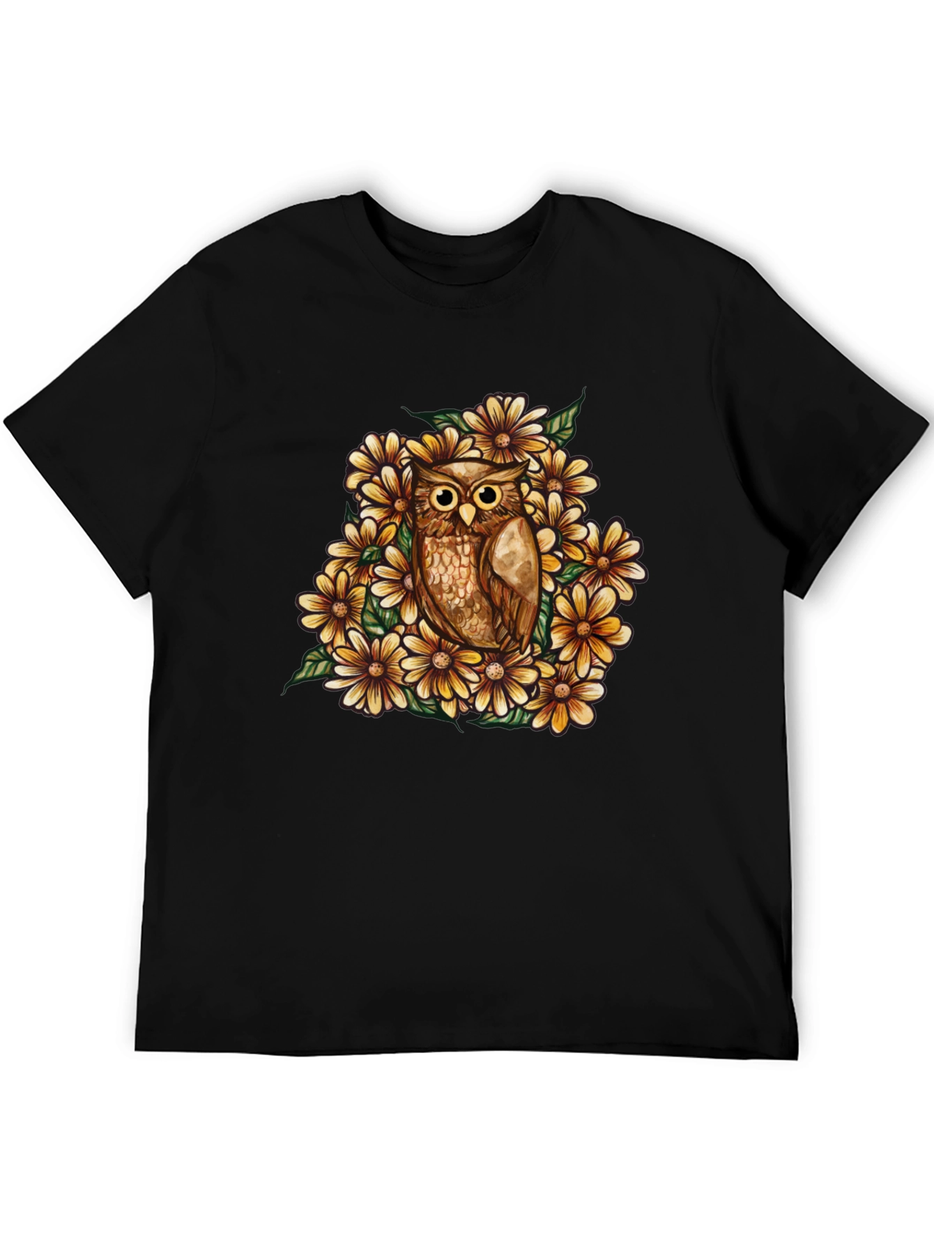 Owl & Floral Graphic Black T-Shirt