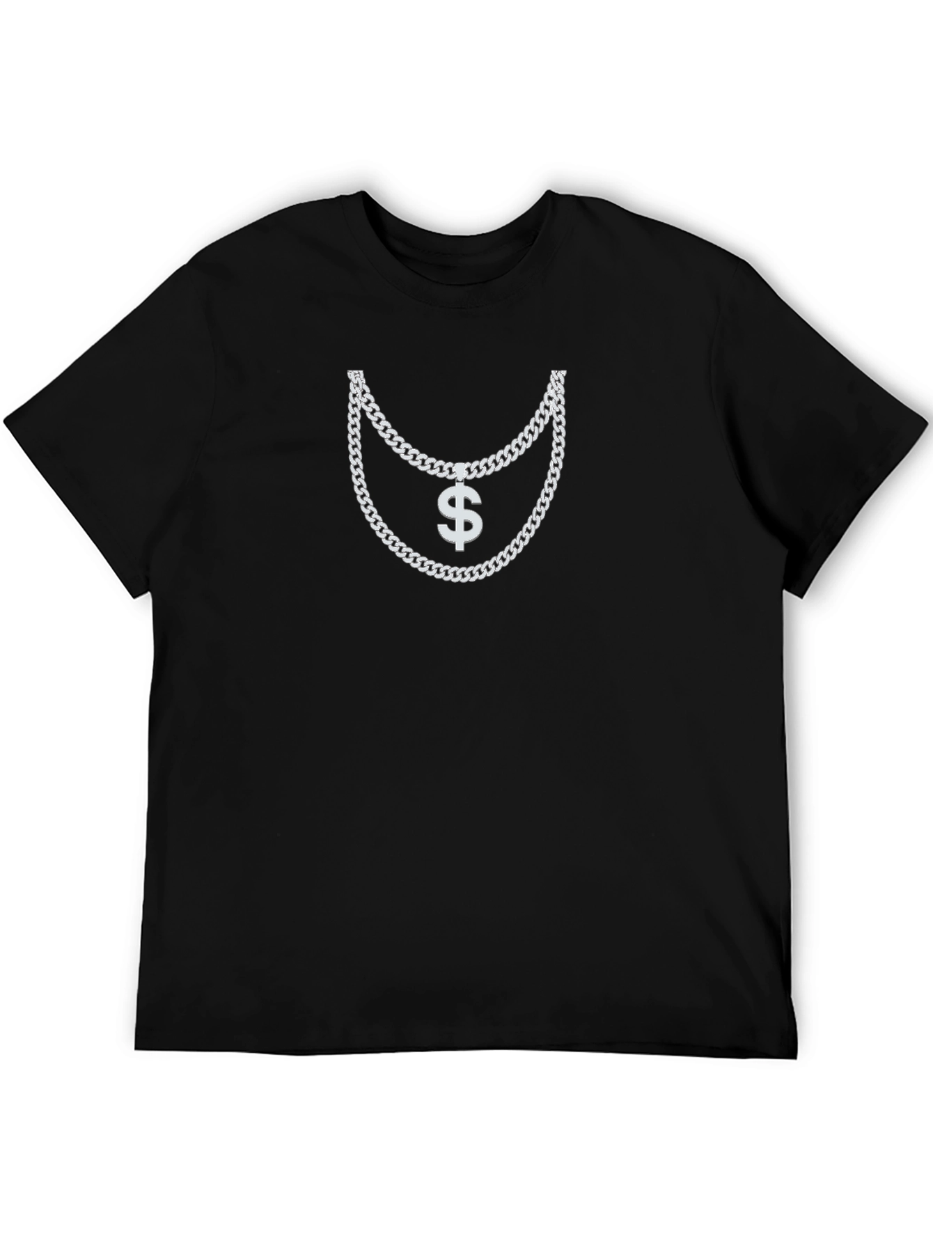 Mens Black T-Shirt with Silver Chain and Dollar Sign