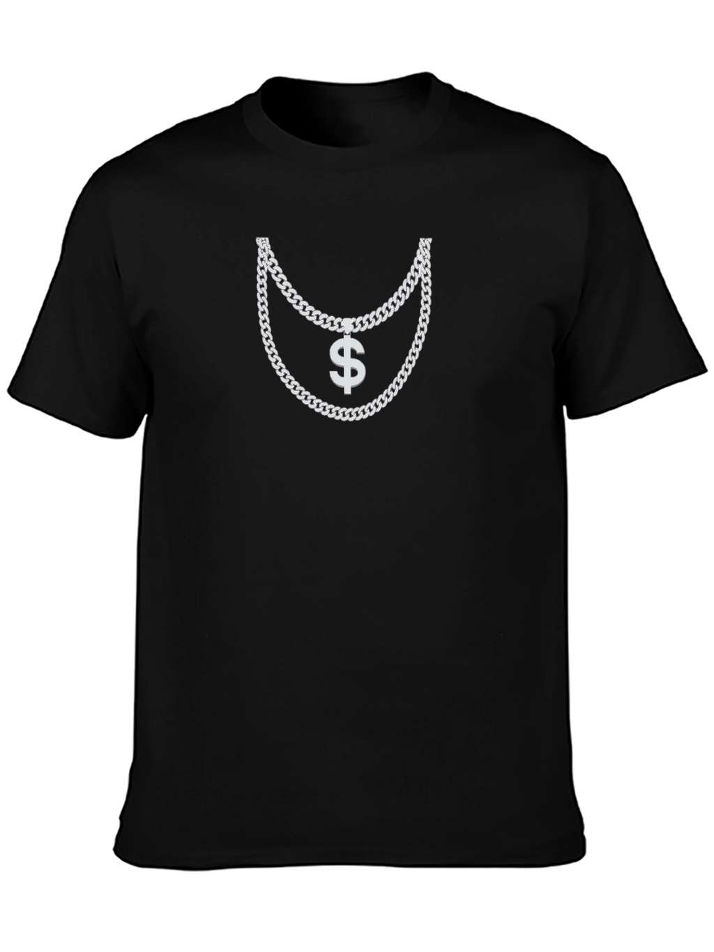 Mens Black T-Shirt with Silver Chain and Dollar Sign