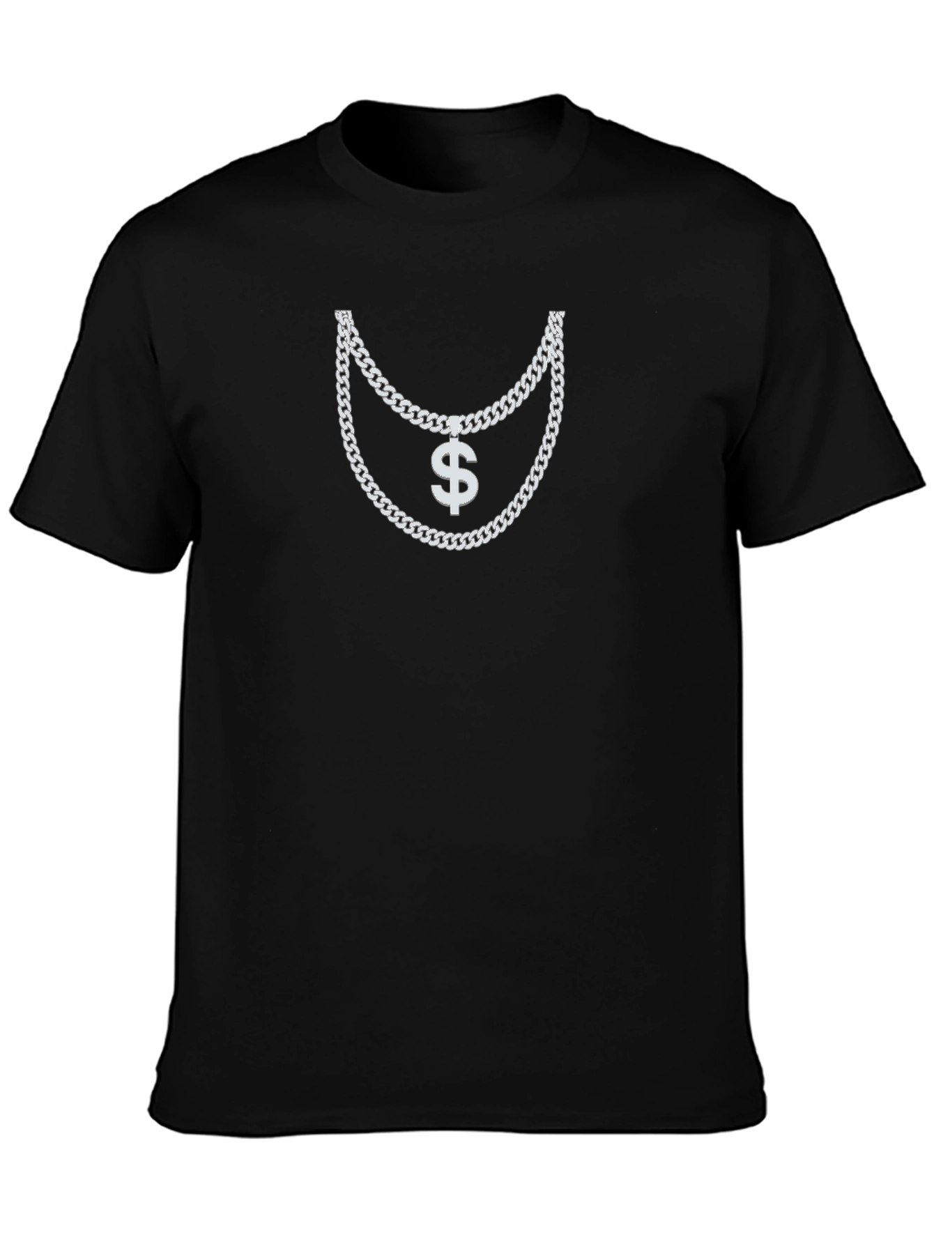 Mens Black T-Shirt with Silver Chain and Dollar Sign