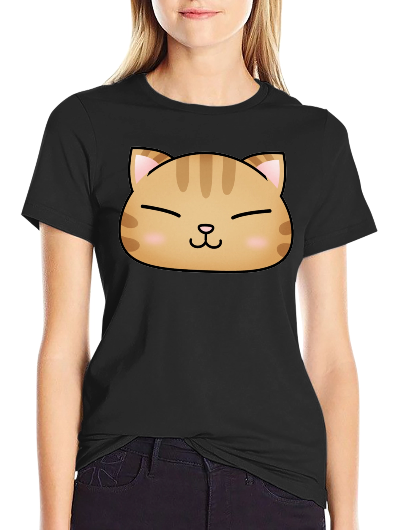 Cute Cat Face Graphic Print Black T-Shirt