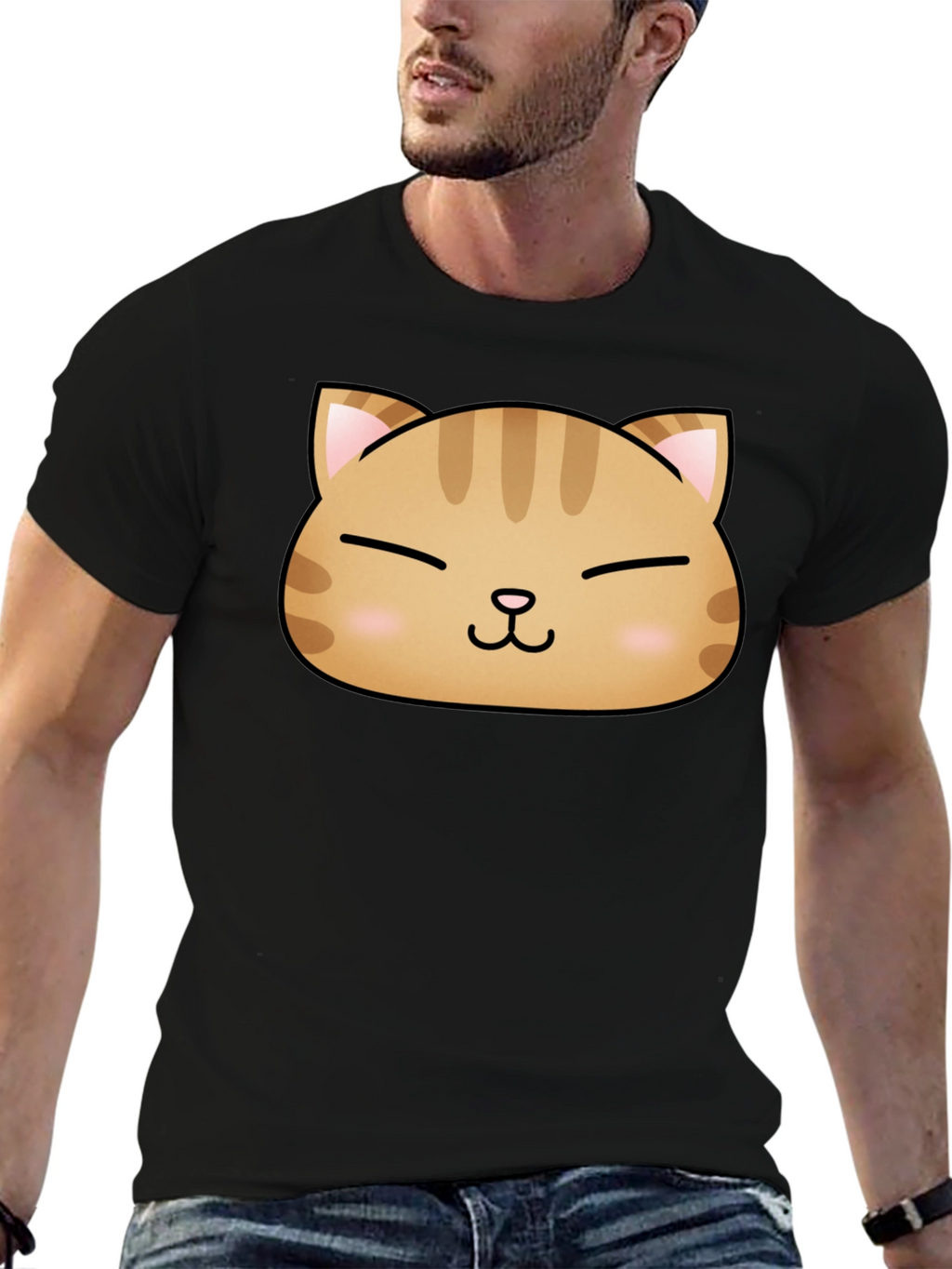 Cute Cat Face Graphic Print Black T-Shirt