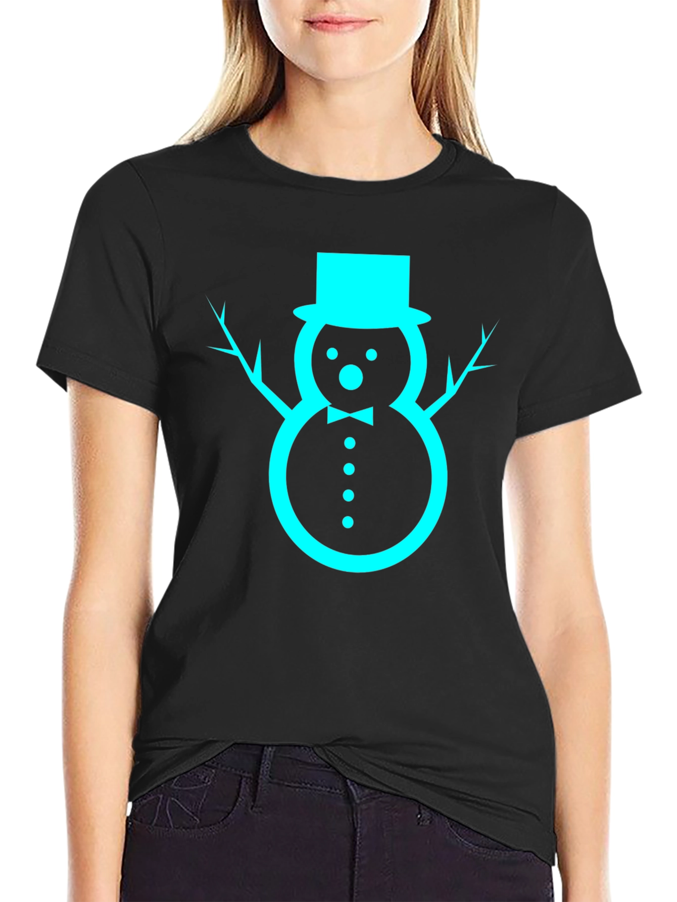 Festive Snowman Graphic Tee - Black Cotton Blend