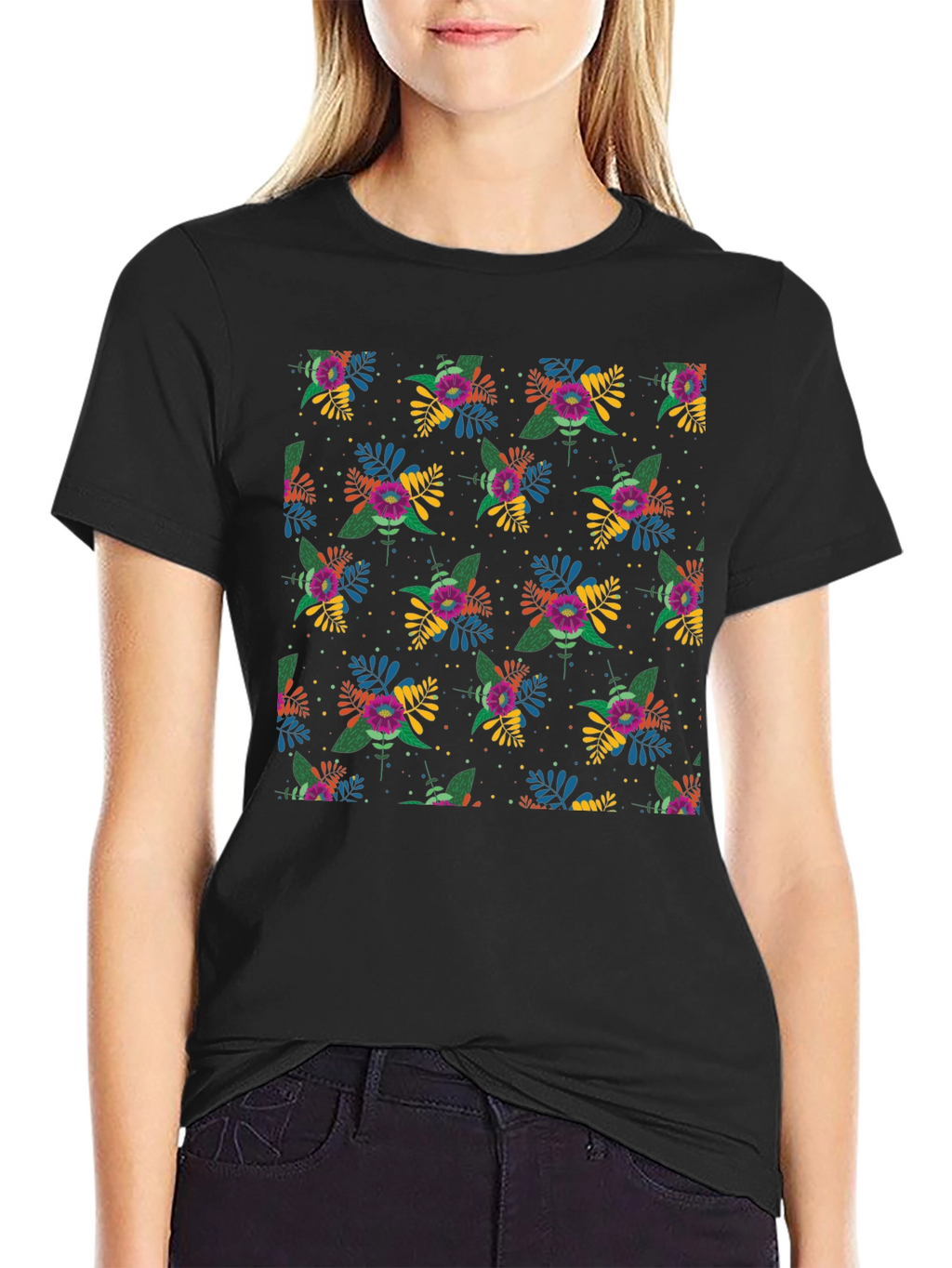 Floral Patterned Black T-Shirt