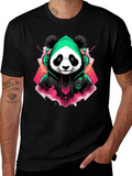 Cool Panda Gamer Graphic Tee - Black Cotton Blend