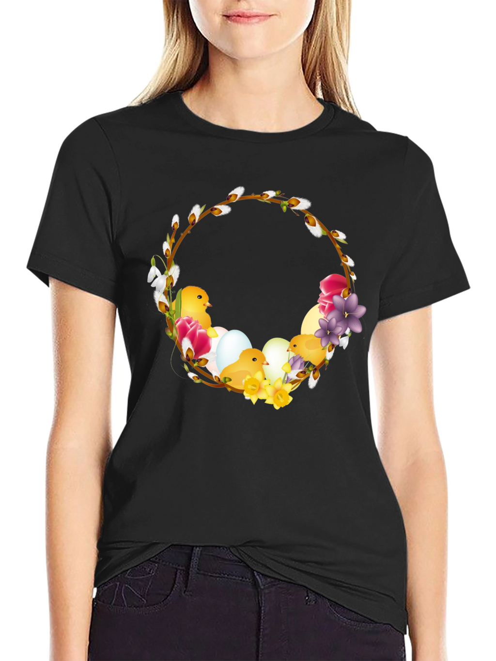 Easter Chick Wreath Black T-Shirt