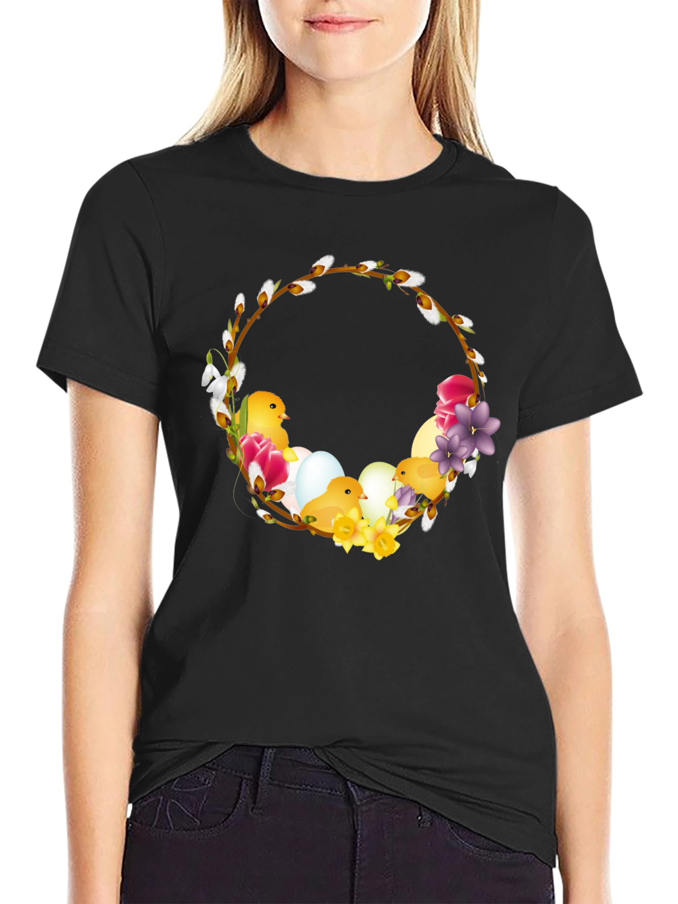 Easter Chick Wreath Black T-Shirt