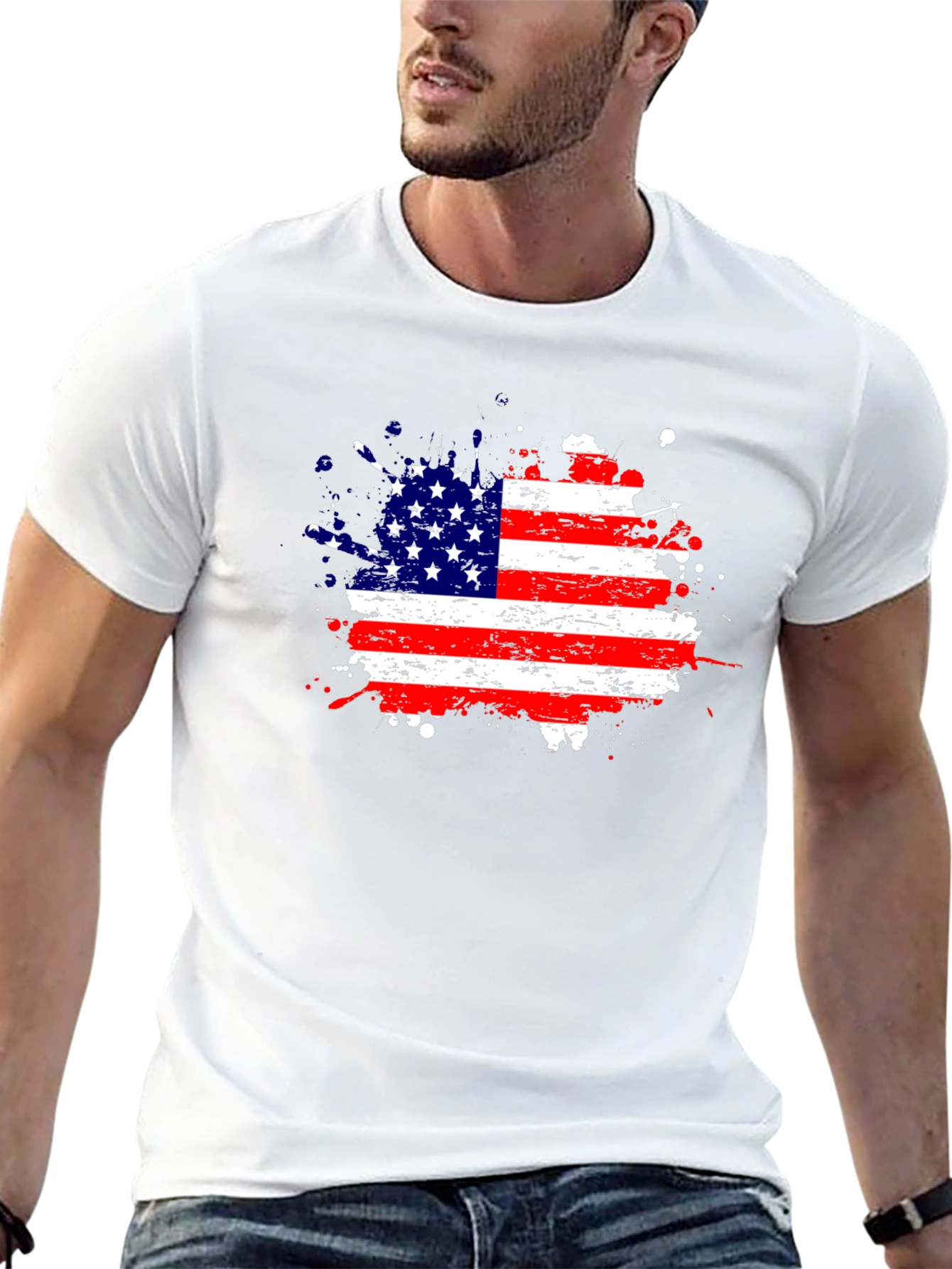 American Flag Splatter Print Black T-Shirt