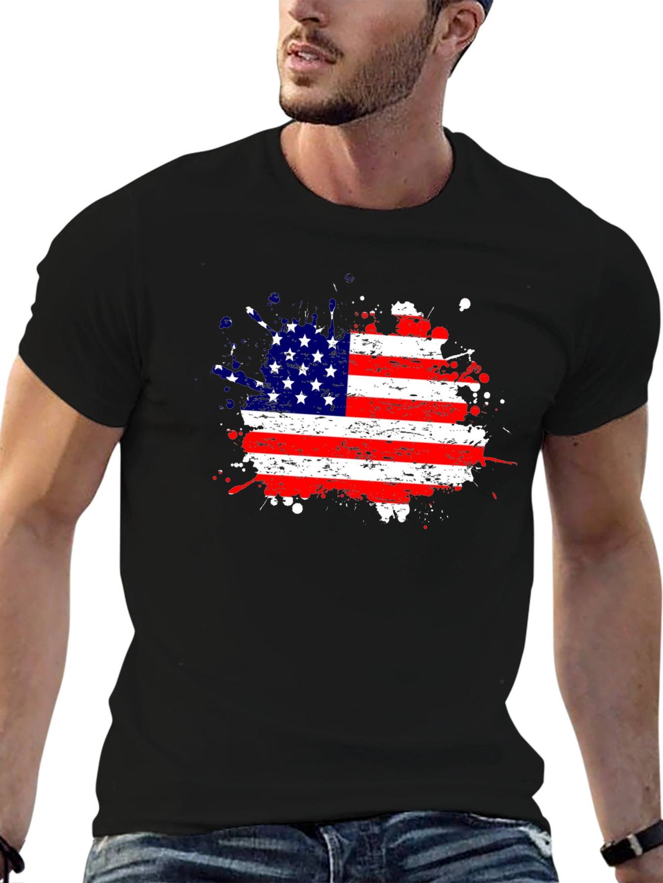 American Flag Splatter Print Black T-Shirt