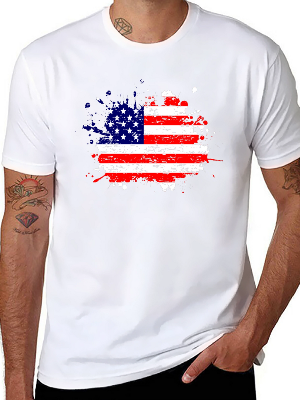 American Flag Splatter Print Black T-Shirt