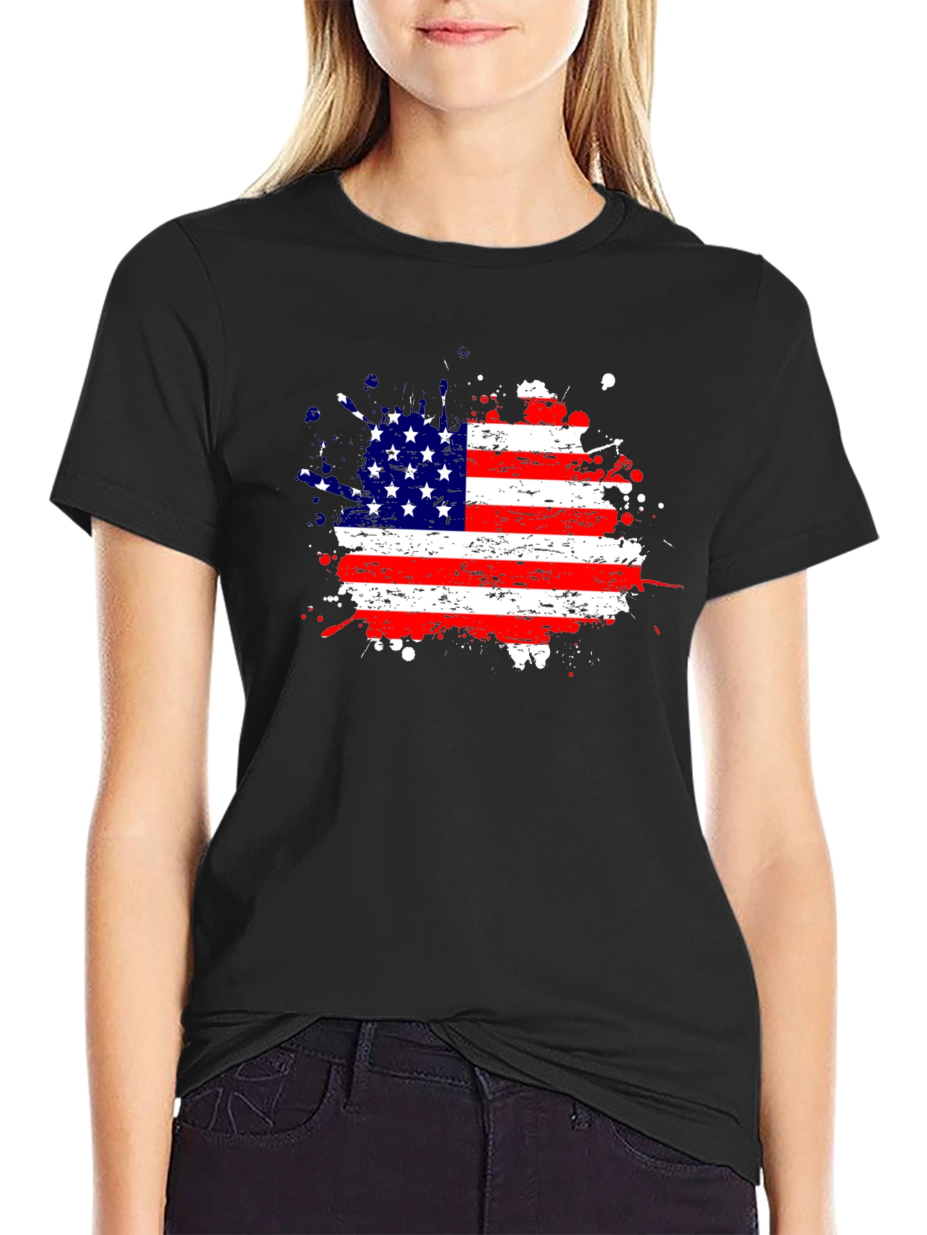 American Flag Splatter Print Black T-Shirt