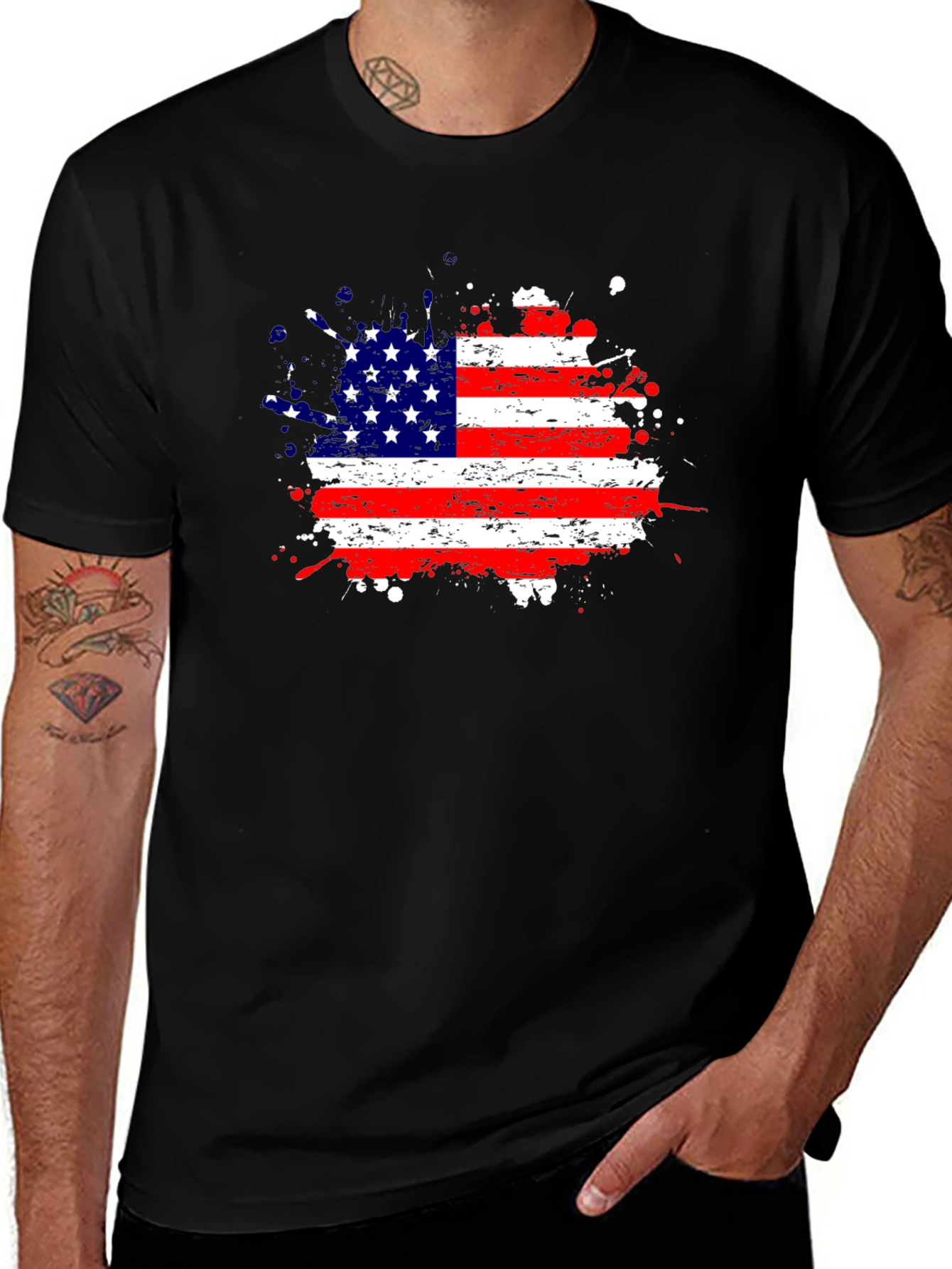 American Flag Splatter Print Black T-Shirt