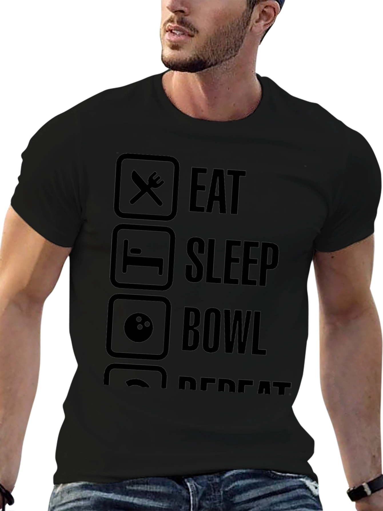 Eat Sleep Bowl Repeat Black Graphic T-Shirt