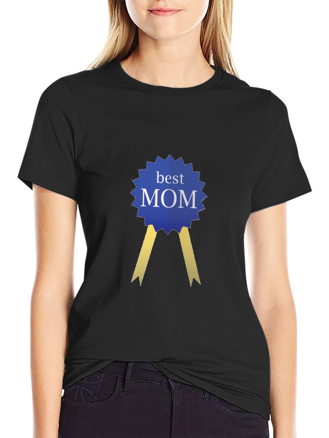 Best Mom Award Ribbon Graphic Tee - Black
