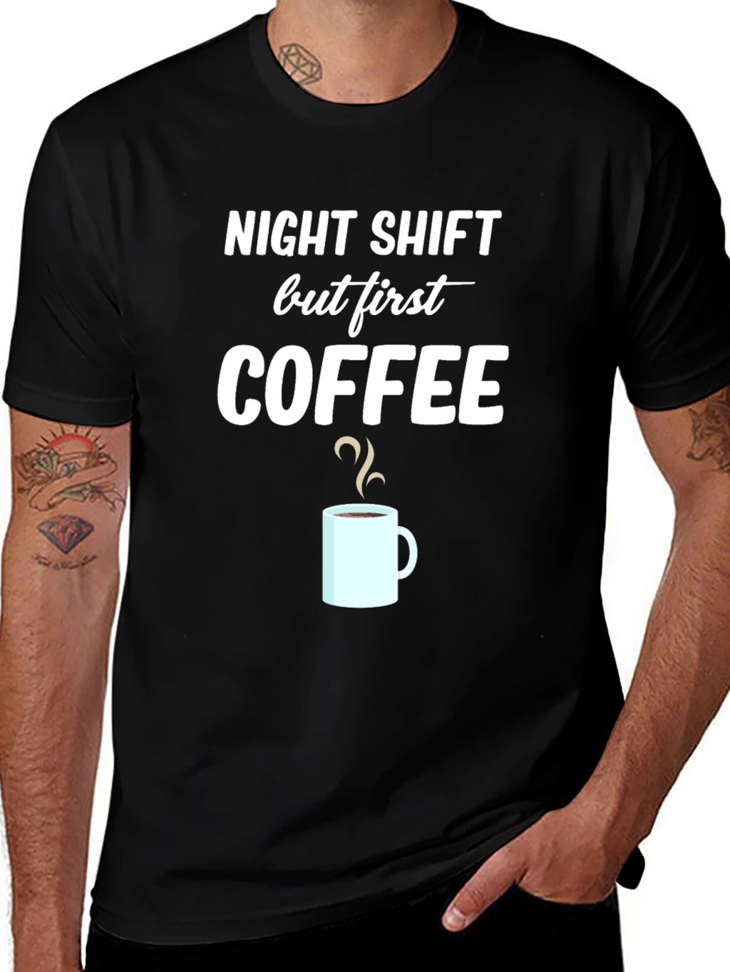 Night Shift But First Coffee Graphic T-Shirt