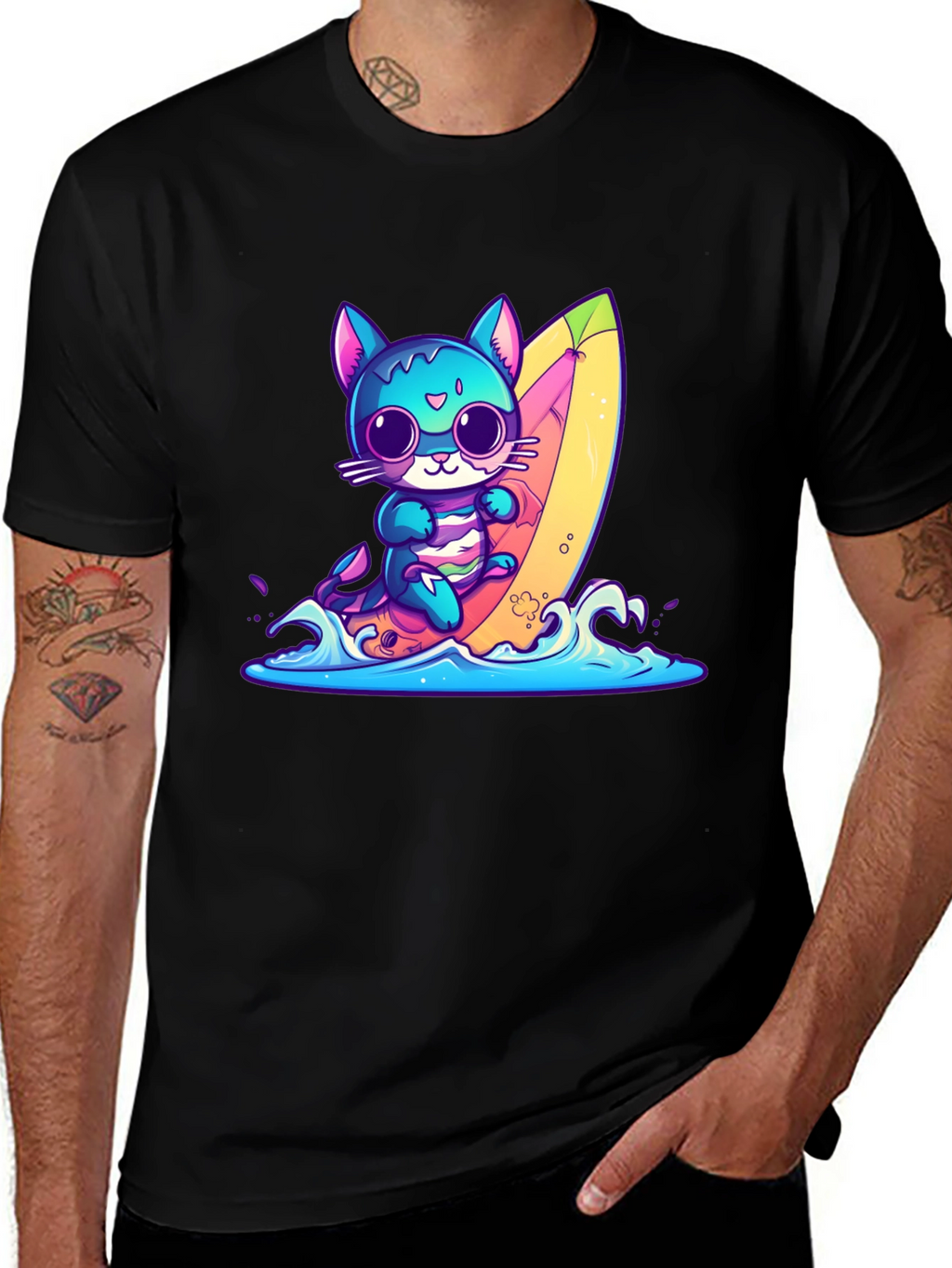 Surfing Cat Graphic Tee - Fun Summer Vibes