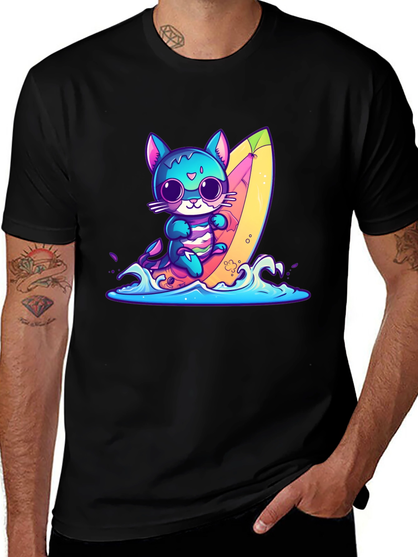 Surfing Cat Graphic Tee - Fun Summer Vibes