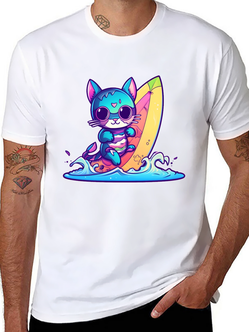 Surfing Cat Graphic Tee - Fun Summer Vibes