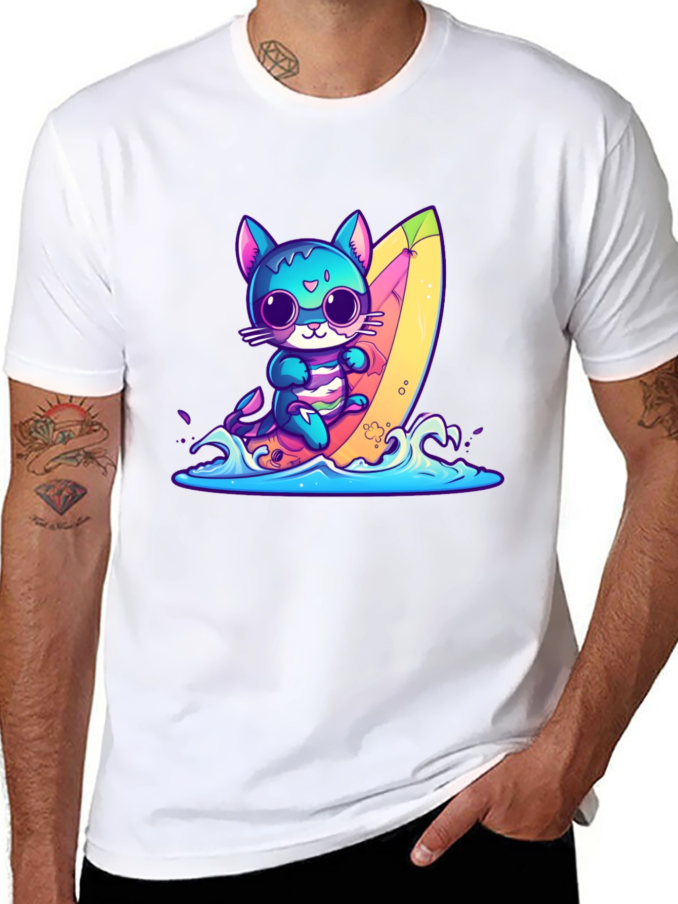 Surfing Cat Graphic Tee - Fun Summer Vibes