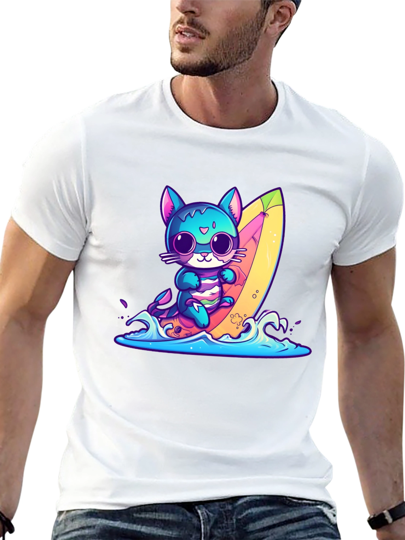 Surfing Cat Graphic Tee - Fun Summer Vibes