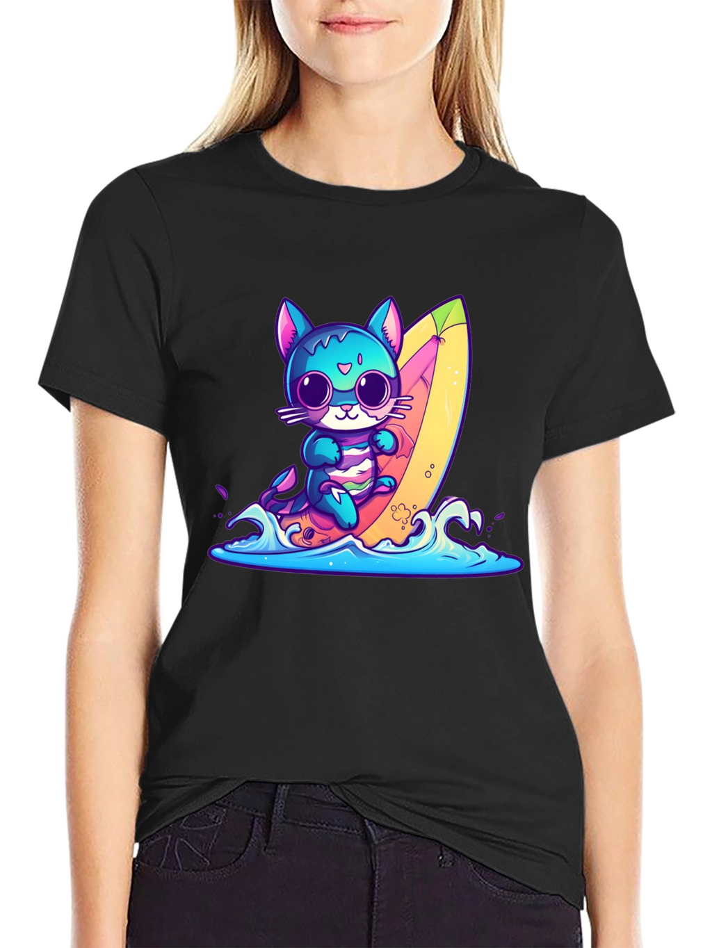 Surfing Cat Graphic Tee - Fun Summer Vibes