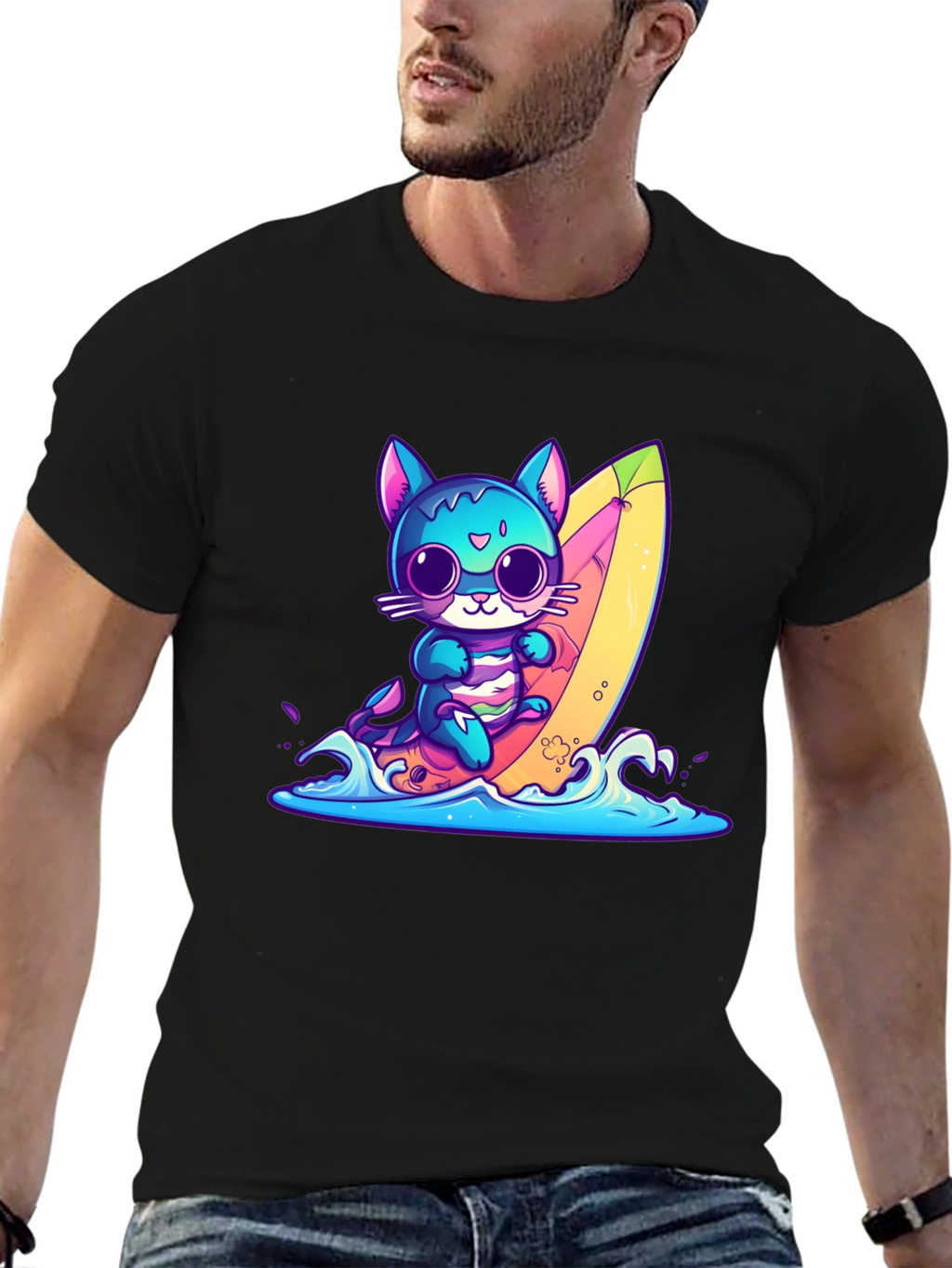 Surfing Cat Graphic Tee - Fun Summer Vibes