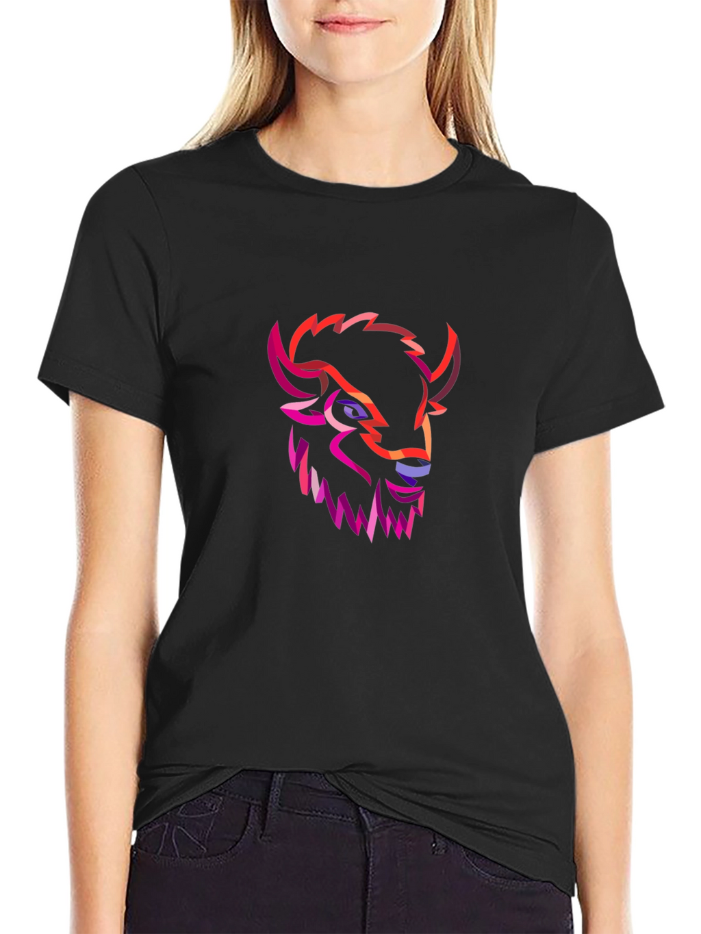 Geometric Buffalo Head Graphic Tee - Black