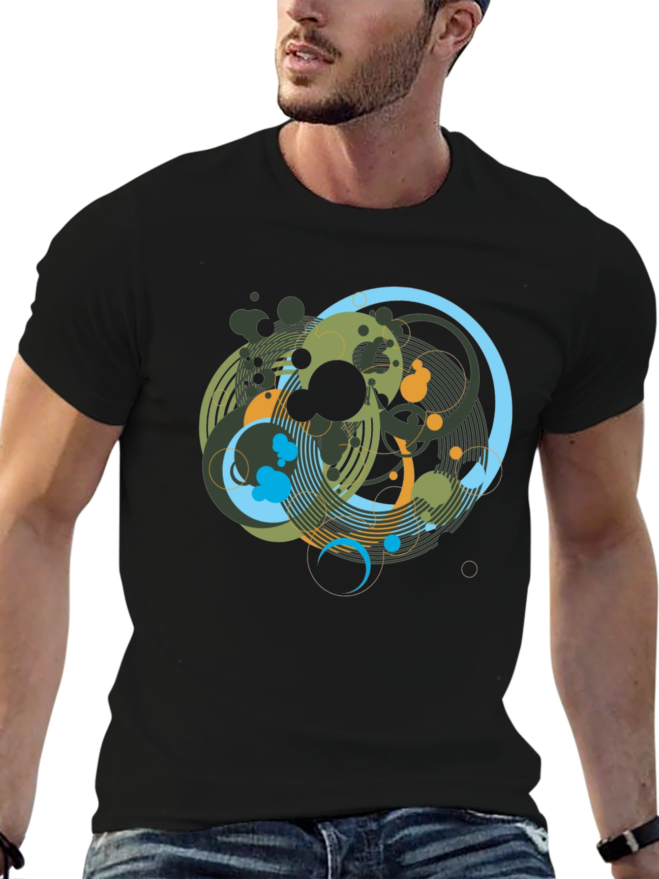 Abstract Geometric Circle Design Black T-Shirt