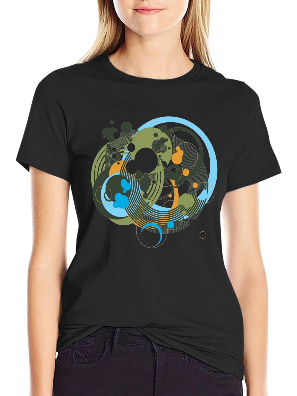 Abstract Geometric Circle Design Black T-Shirt