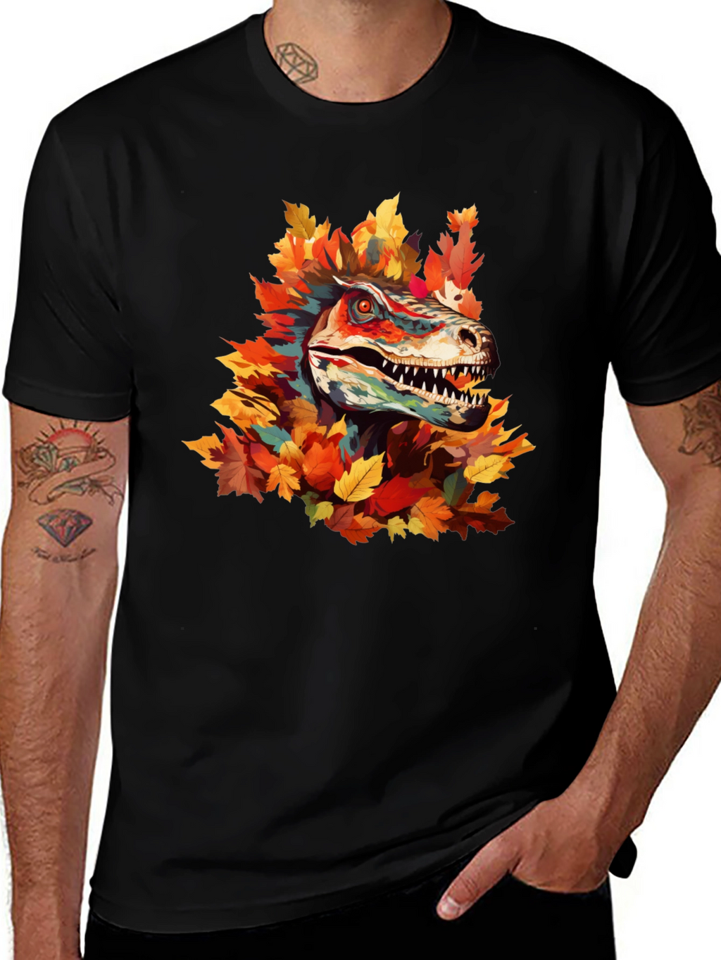 Dino Autumn T-Shirt - Raptor in Fall Leaves