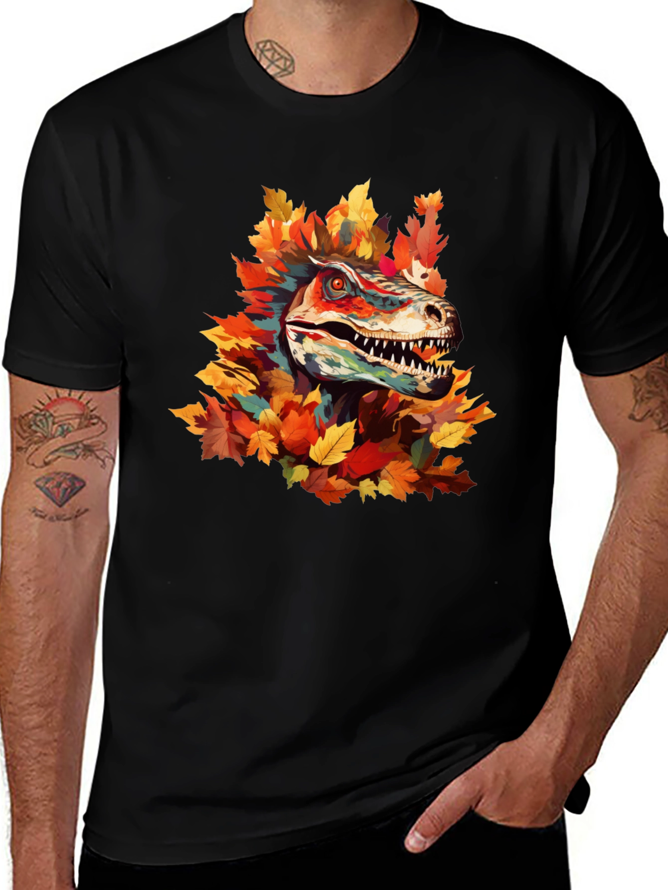Dino Autumn T-Shirt - Raptor in Fall Leaves