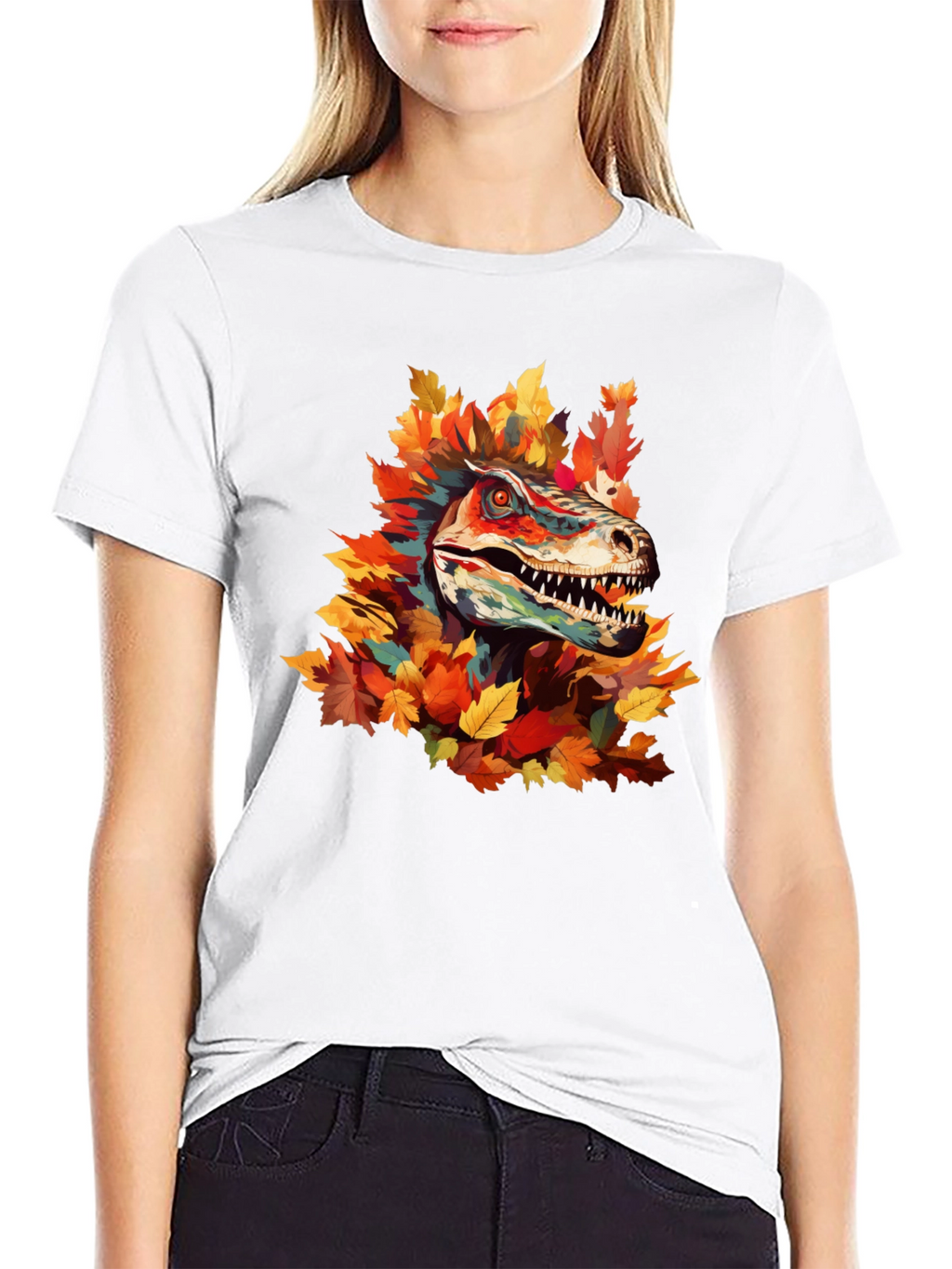 Dino Autumn T-Shirt - Raptor in Fall Leaves