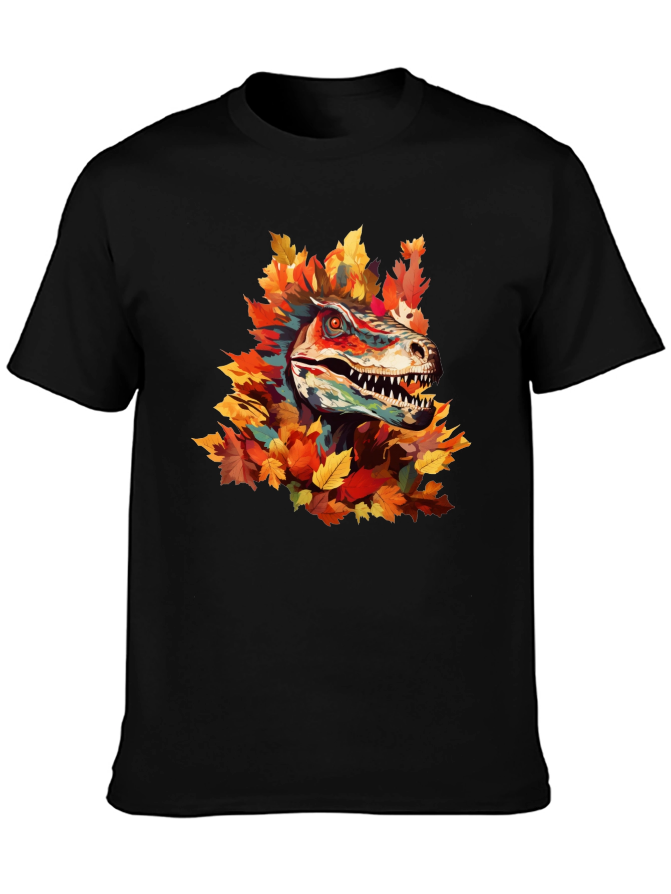 Dino Autumn T-Shirt - Raptor in Fall Leaves