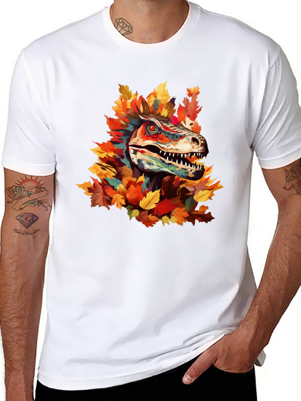 Dino Autumn T-Shirt - Raptor in Fall Leaves