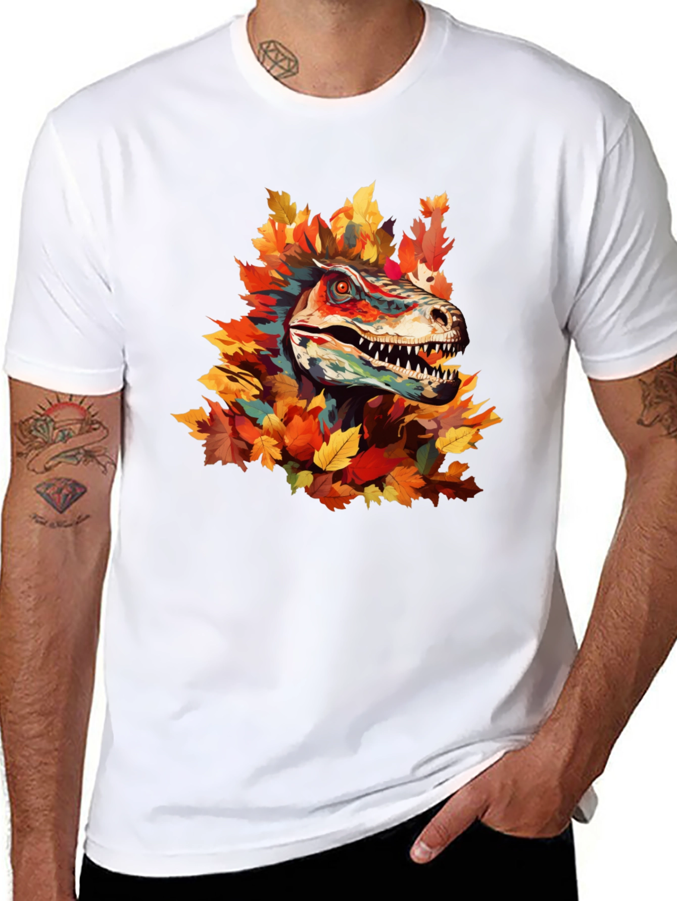 Dino Autumn T-Shirt - Raptor in Fall Leaves