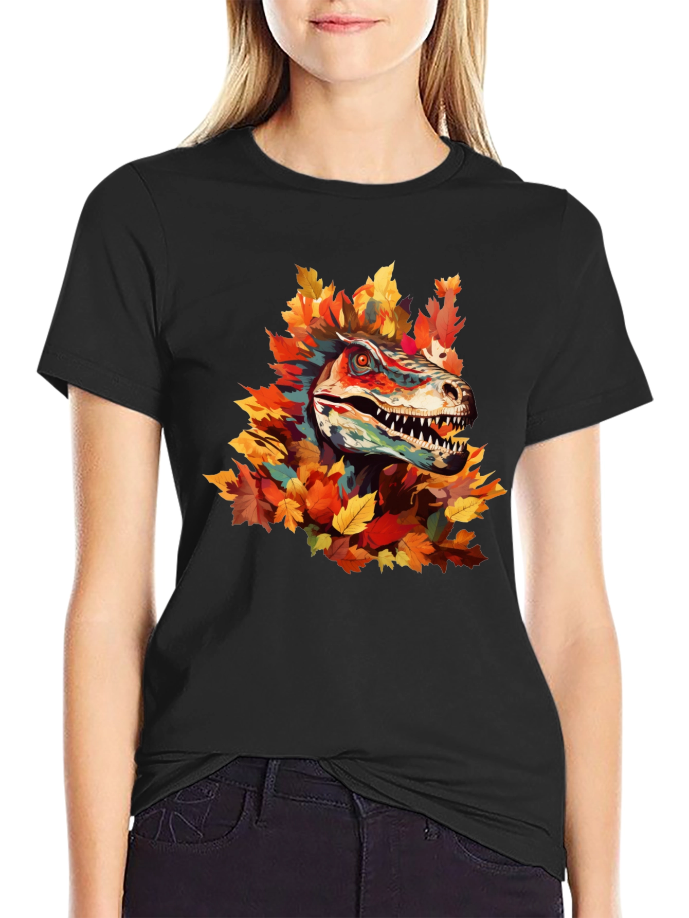 Dino Autumn T-Shirt - Raptor in Fall Leaves