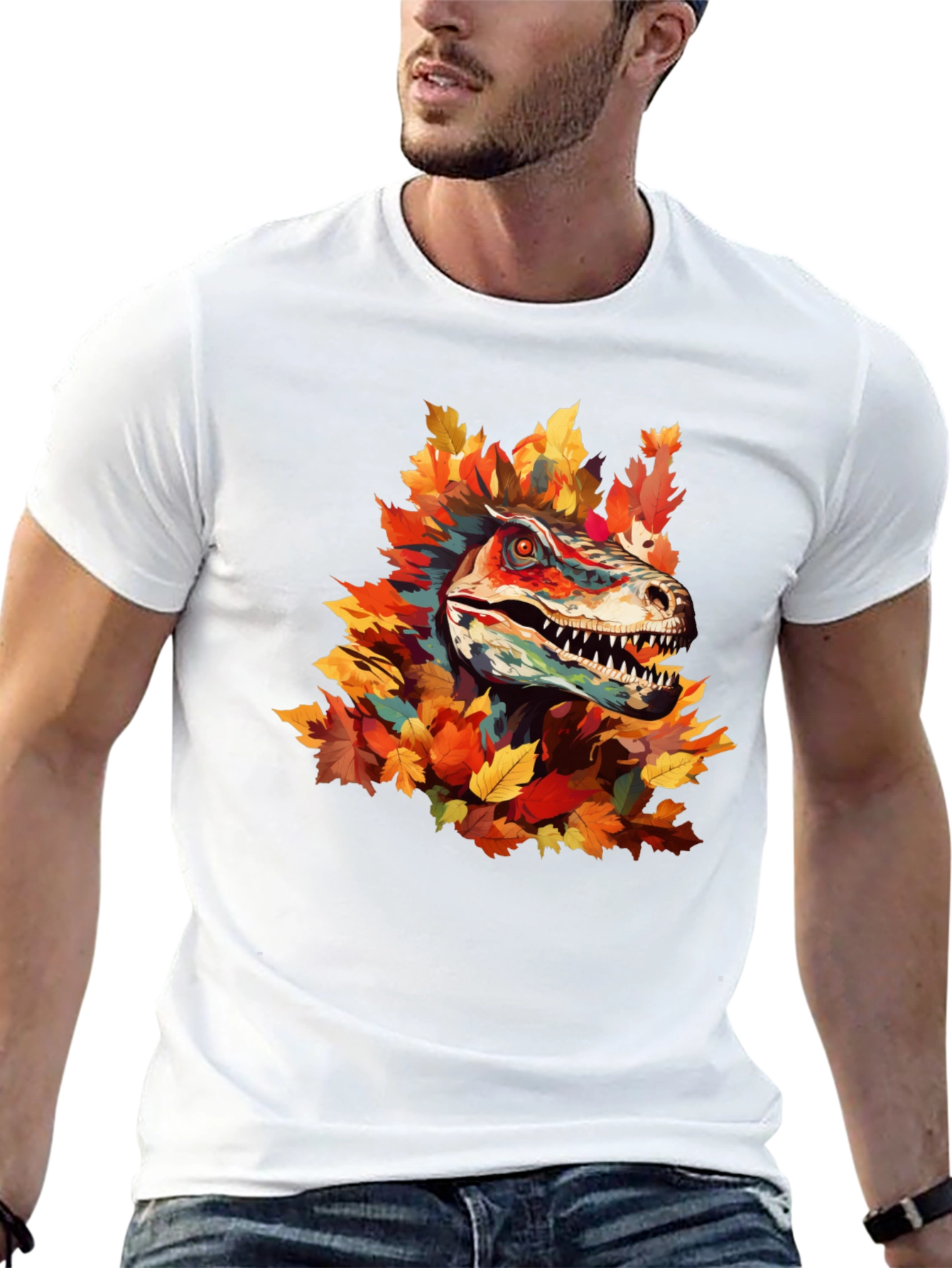Dino Autumn T-Shirt - Raptor in Fall Leaves