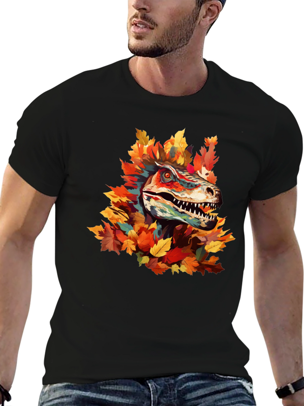 Dino Autumn T-Shirt - Raptor in Fall Leaves