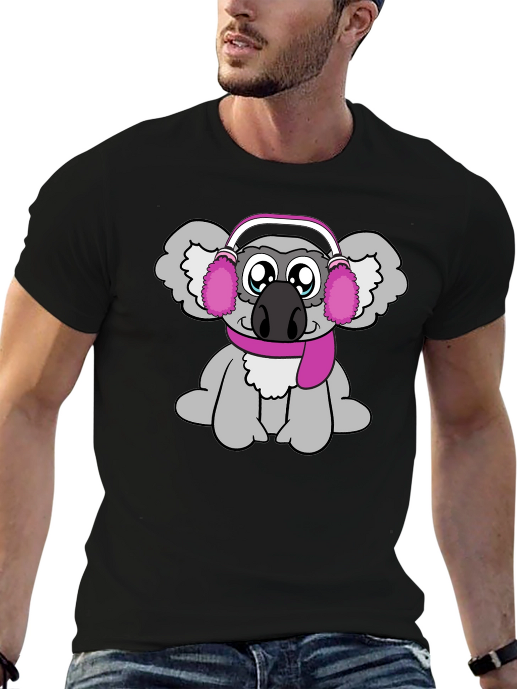 Cute Koala with Earmuffs Graphic Tee - Black