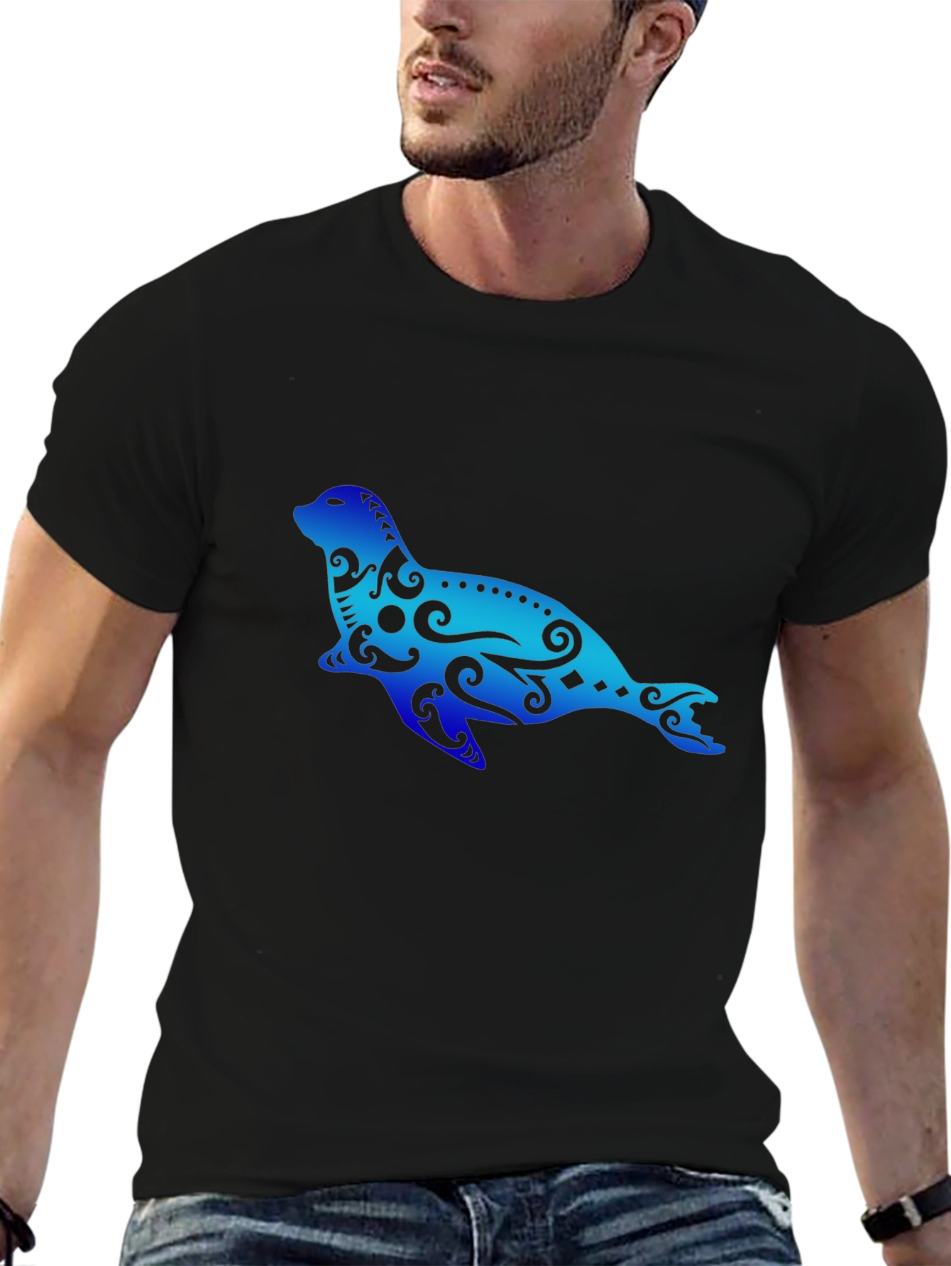 Seal Tribal Art Graphic T-Shirt - Black