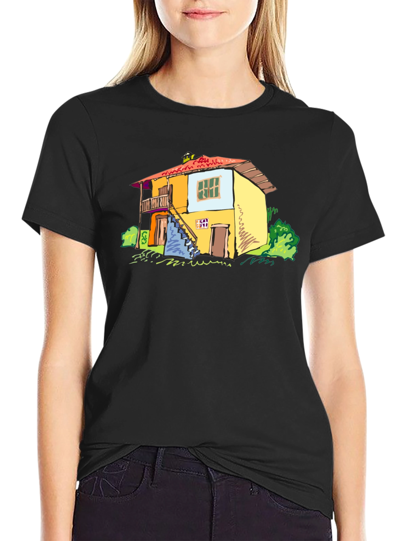 Quirky House Graphic Black T-Shirt