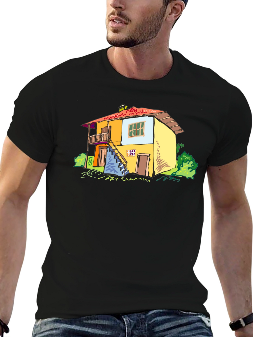 Quirky House Graphic Black T-Shirt
